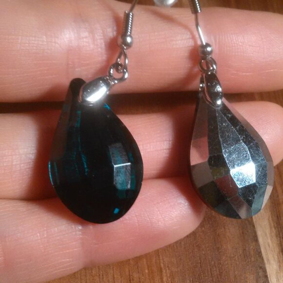 Green Glass Silvertone and Stainless Steel Drop Earrings - Picture 9 of 15